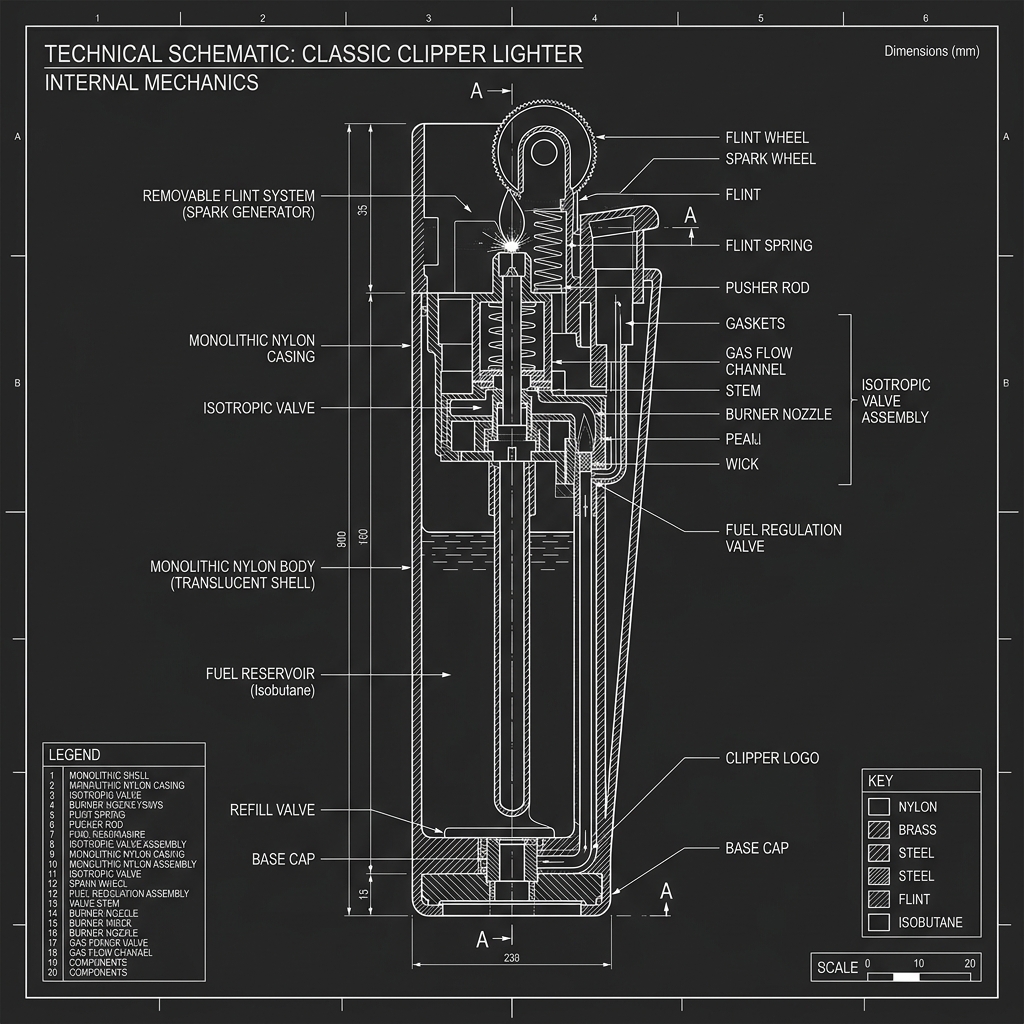 Diagrama técnico de la ingeniería interna del encendedor Clipper mostrando estructura, pedernal y válvula